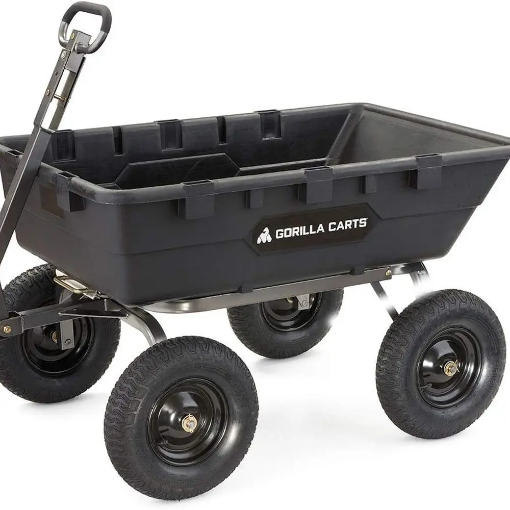 

Heavy-Duty Poly Yard Dump Cart, 10 Cu Ft Tub, 1500 lb Haul Capacity, Black – Towable Utility Wagon with Quick-Release Dumping &