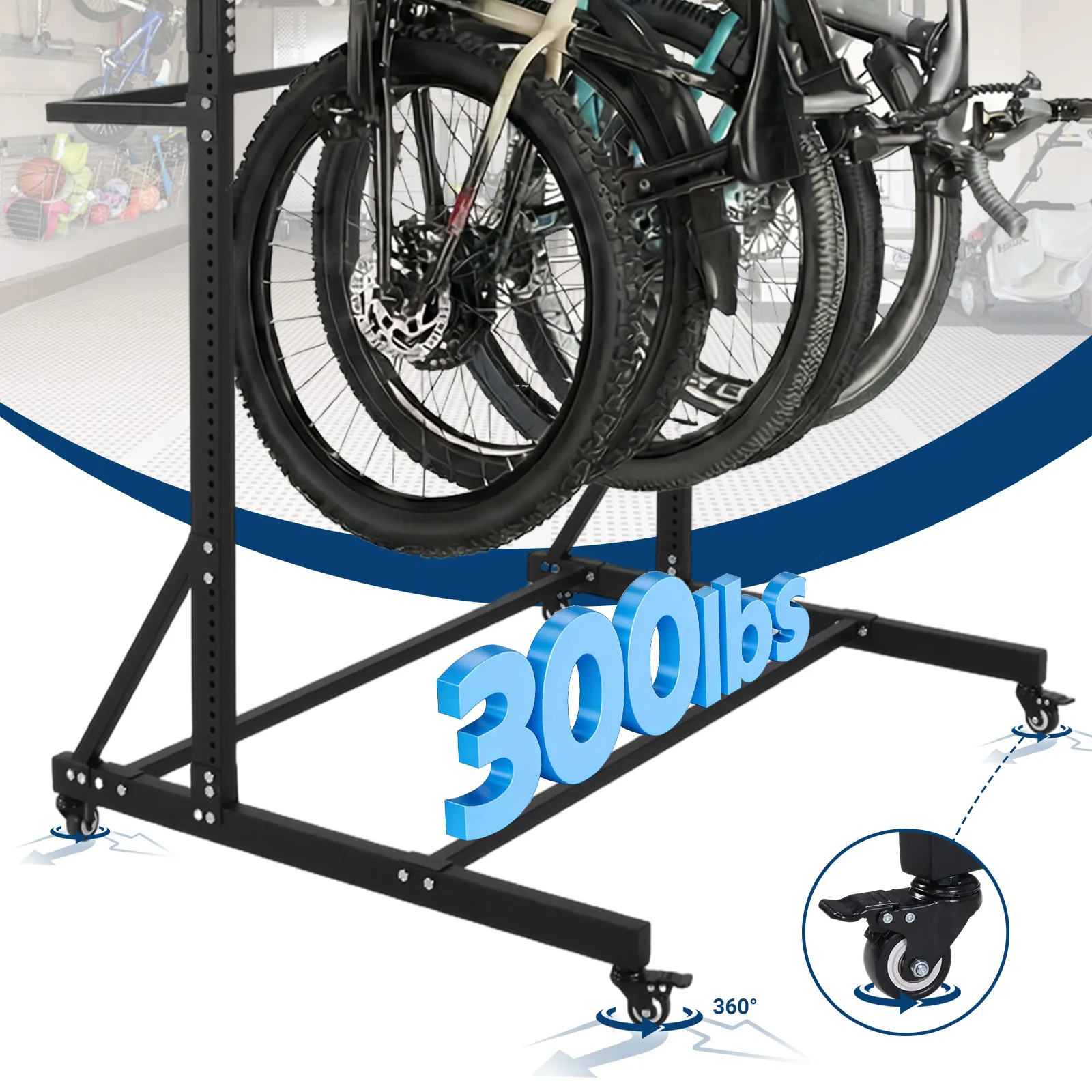 

Space-Saving Bike Stand with Locking Casters & 6 Hooks Holds Up To 5 Bikes Height Adjustable for Garage Basement & Home