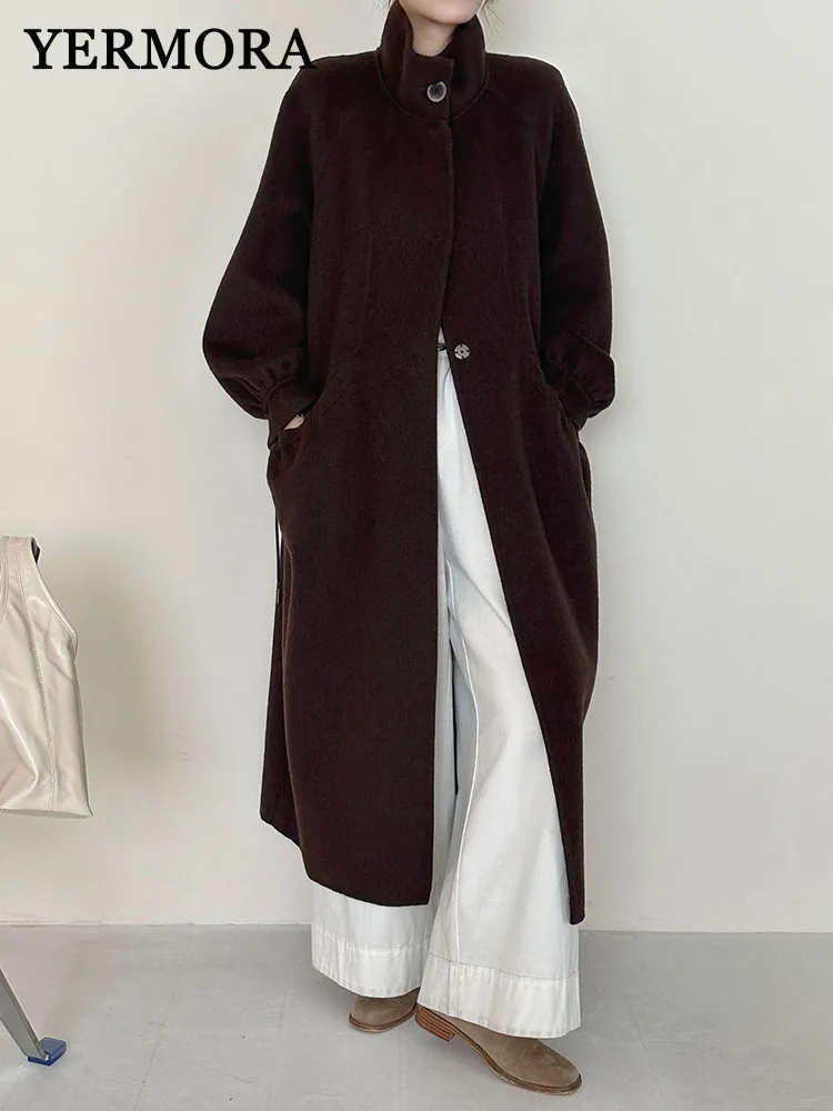 YERMORA Coffee Buckle Brief Warm Woolen Coat For Women Lapel Long Sleeve Loose New Overcoat Fashion Tdie Autumn Winter 2025