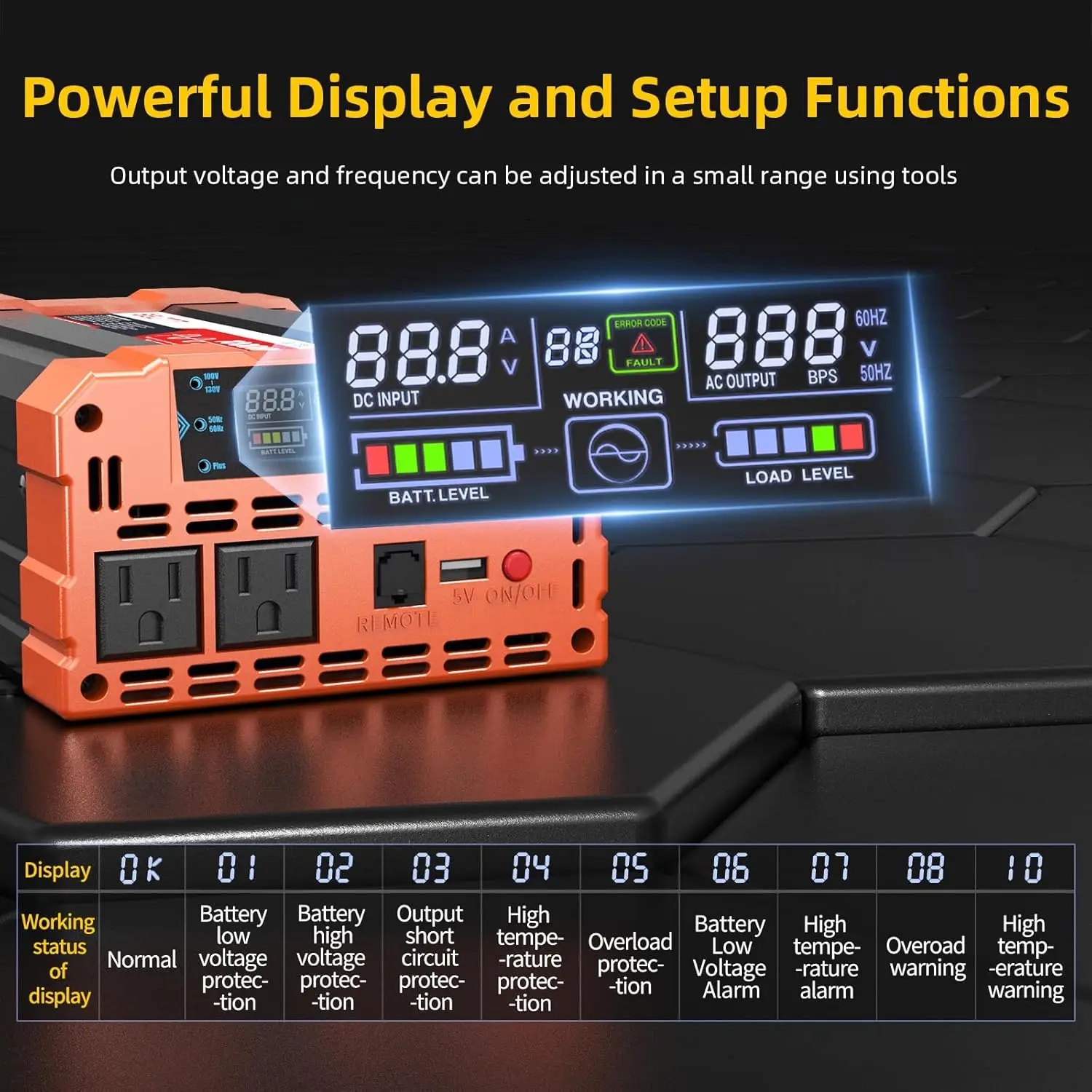 RV, 트럭, 오프 그리드 태양광 자동차 전력 인버터, 1000 와트 순수 사인파 인버터, 12V DC-120V AC, 12V-110V 컨버터