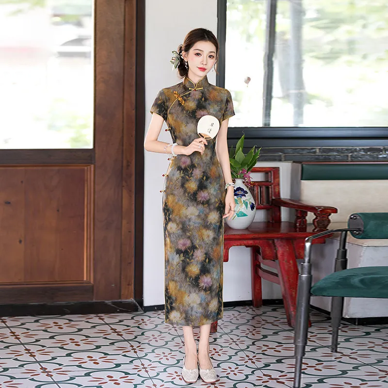 Spring Autumn New Chinese Suzhou Long Qipao Improved Young Style 2026 New Women's Retro Short Sleeve Female Qipao Dress