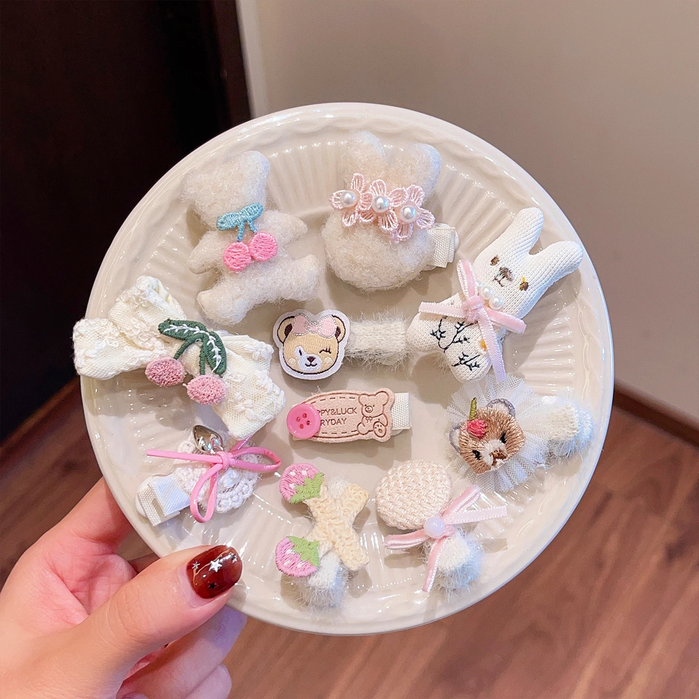 Neue Mode 5-teiliges Set Spitzen-Haarspangen mit Schleife für Frauen, Mädchen, Kinder, Niedliche Stoff-Haarspangen mit Cartoon-Tier- und Fruchtmotiven, Accessoires, Geschenk – Detail 3