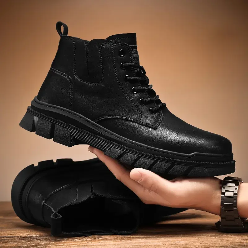 2024 New Autumn Winter Men's Leather High Top Casual Boots Soft Sole Non Slip Waterproof Lace up Work Boots Ankle Boots