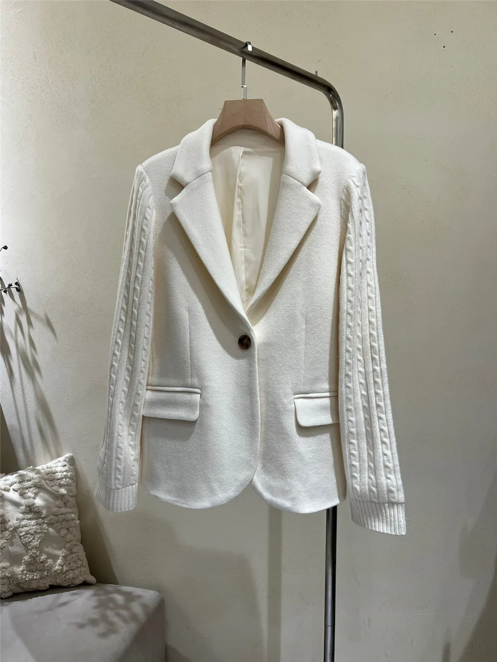 2024 Autumn Women Single Button Blazers Coat Winter B*C New Cashmere Patchwork Knitted Outwear Long Sleeve Chic Vestes