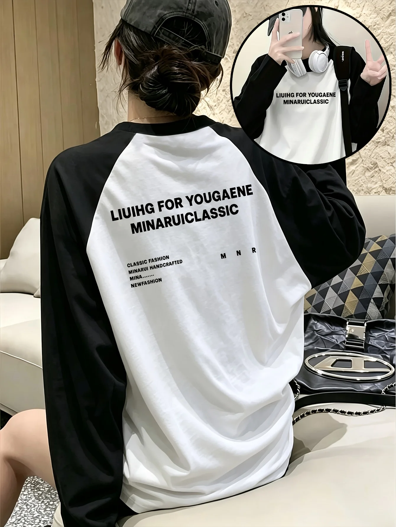 American Vintage Raglan Long Sleeve Women's T Shirt with Back Print Korean-Style Lazy Fusion T-Shirt Niche Design Loose Tops