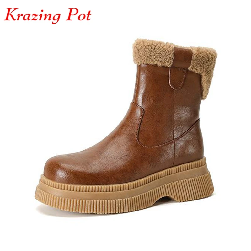 

Krazing Pot Round Toe Cow Leather Wool Natural Fur Winter Warm Casual Snow Boots Platform Thick Heels Zipper Cozy Ankle Boots