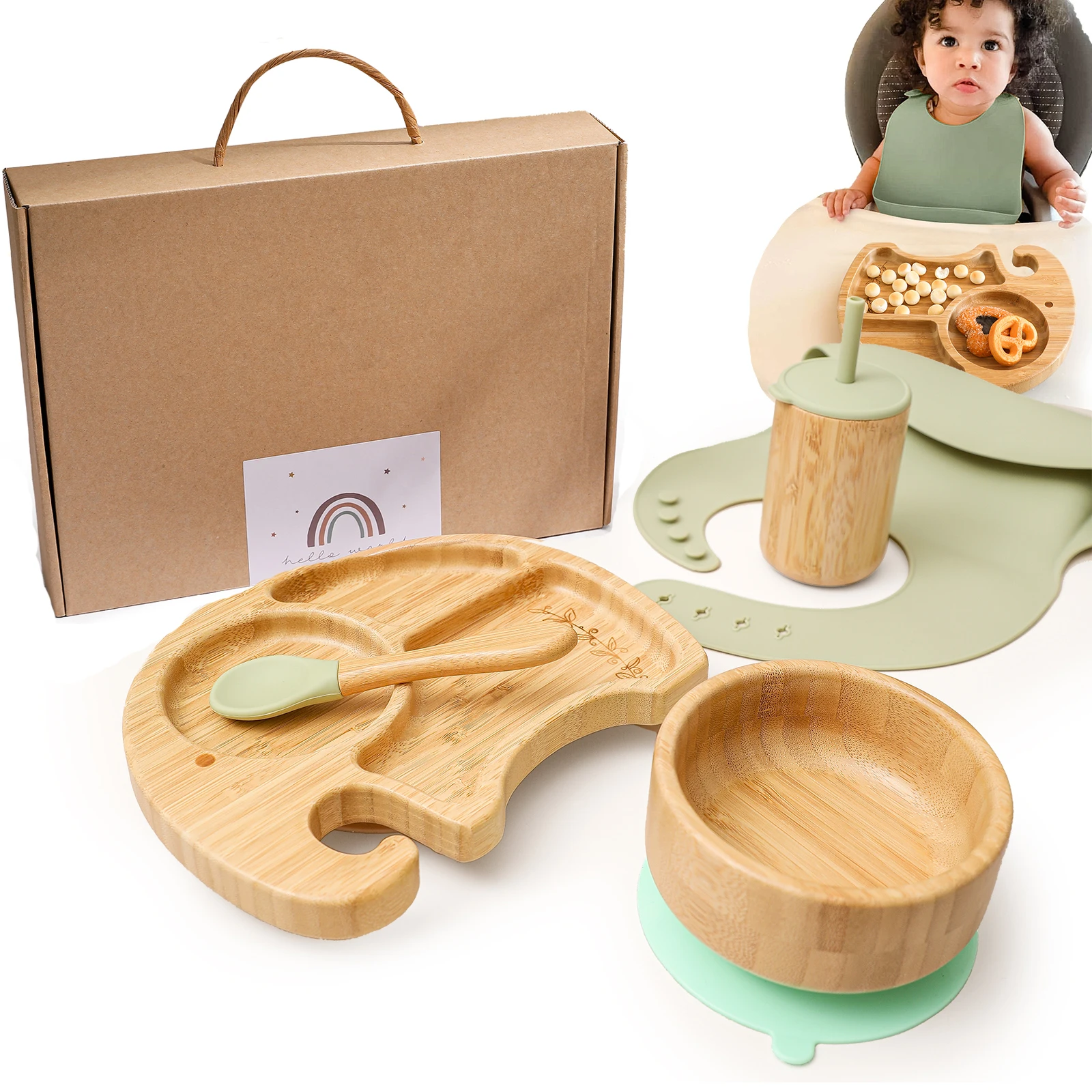 5pc Baby Feeding Tools Set Food Grade Silicone Toddler Bibs Bamboo Wooden Dinner Plate Bowls Straw Cup Tableware Stuff Baby Gift