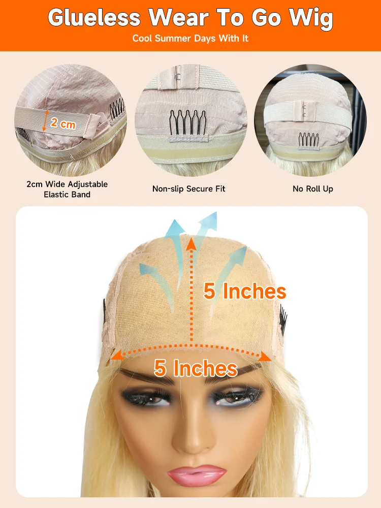 613 Бесклеевые парики из человеческих волос 5x5 Парик с закрытием шнурка Remy Прямой блондин Предварительно выщипанный бесклеевой парик 100% парики из человеческих волос Готовые к работе