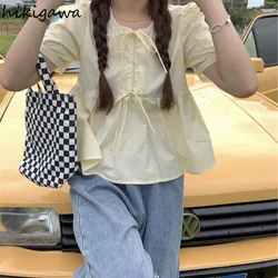 Preppy Style Blouse for Women Sweet Puff Sleeve Summer Loose Shirts Crop Tops Bandage Chic Blouses 2023 Blusas Mujer De Moda