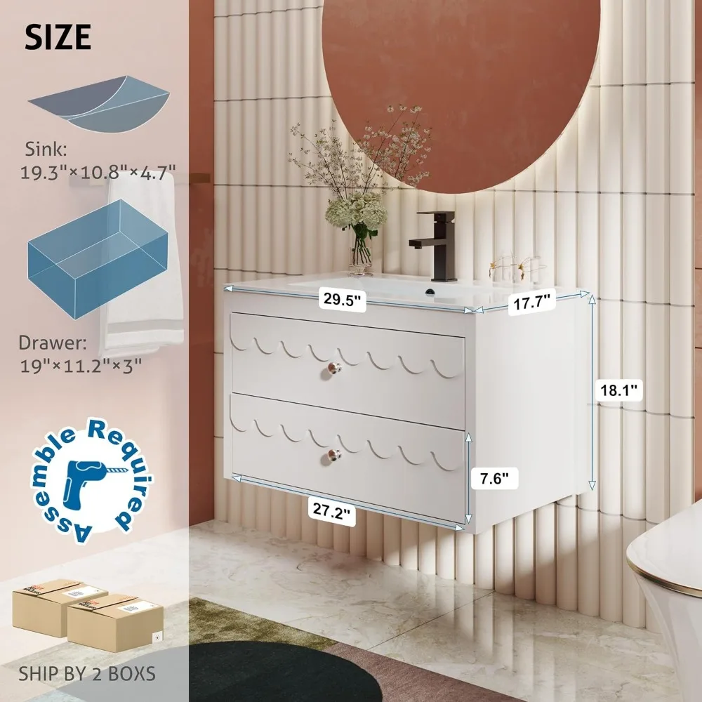 حمام عائم حديث مثبت على الحائط مع حوض، 30 خزانة تخزين تتميز بحواف زخرفية معاصرة #2