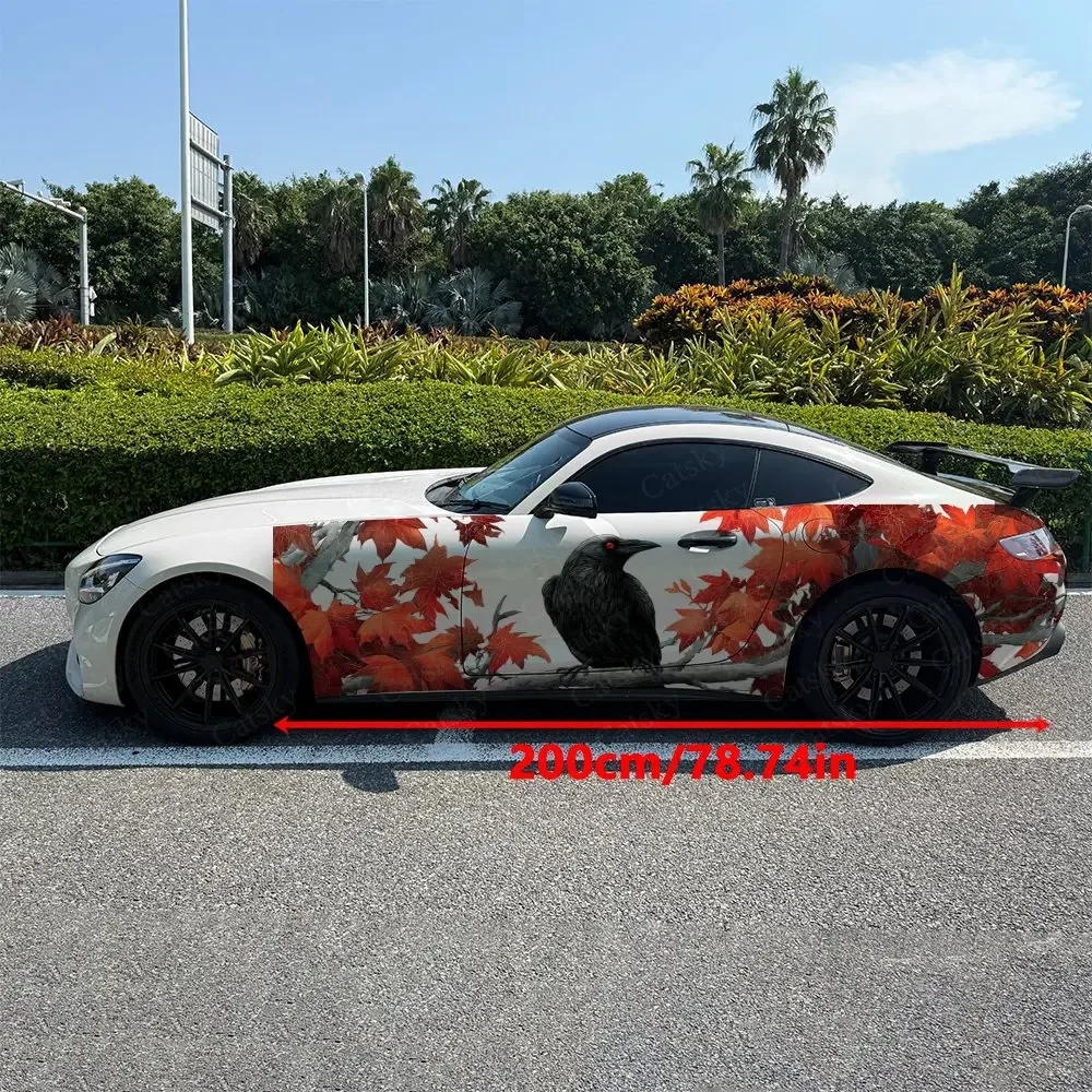 2pcs Red Maple Perched Crow Car Side Wraps, Self-Adhesive PVC Waterproof & Scratch-Resistant Stickers, Car Accessory Gift