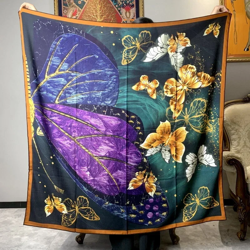 High-end Elegant Women Exquisite Crystal Butterfly Wings Double-sided Print Quality Silk Wool Handrolled Edge Large Scarf Shawl