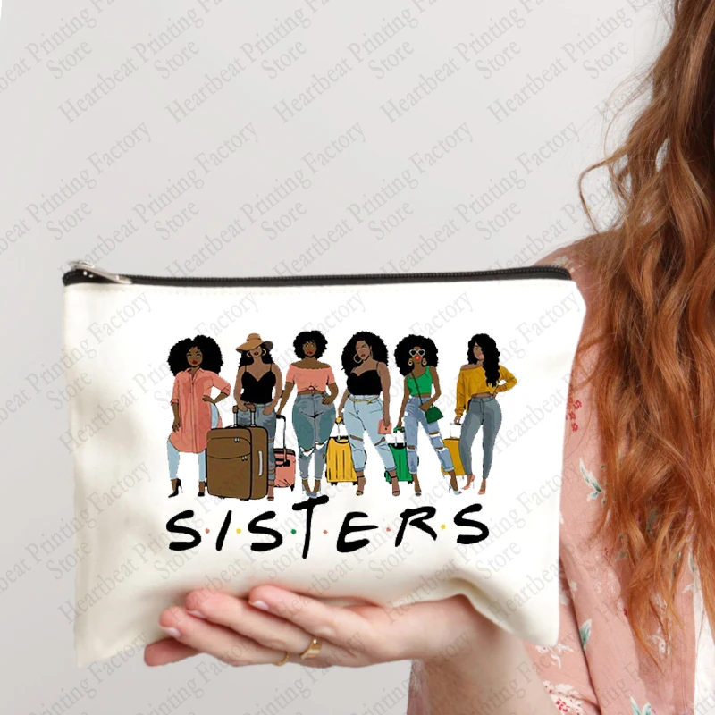 Sistas Pattern Canvas Make Up Bag Travel Lipstick Bags Bachelorette Party Gift for Sister Organizer for Cosmetics Pencil Case