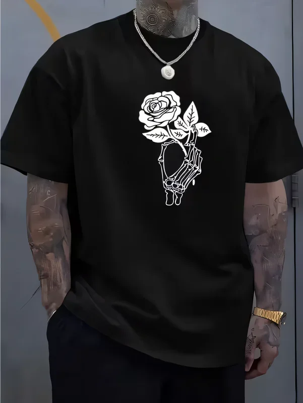 Camiseta de algodón negra de manga corta para hombre, estilo hip hop, estética punk, con gráfico de mano esquelética y rosa, estilo urbano, informal, para verano