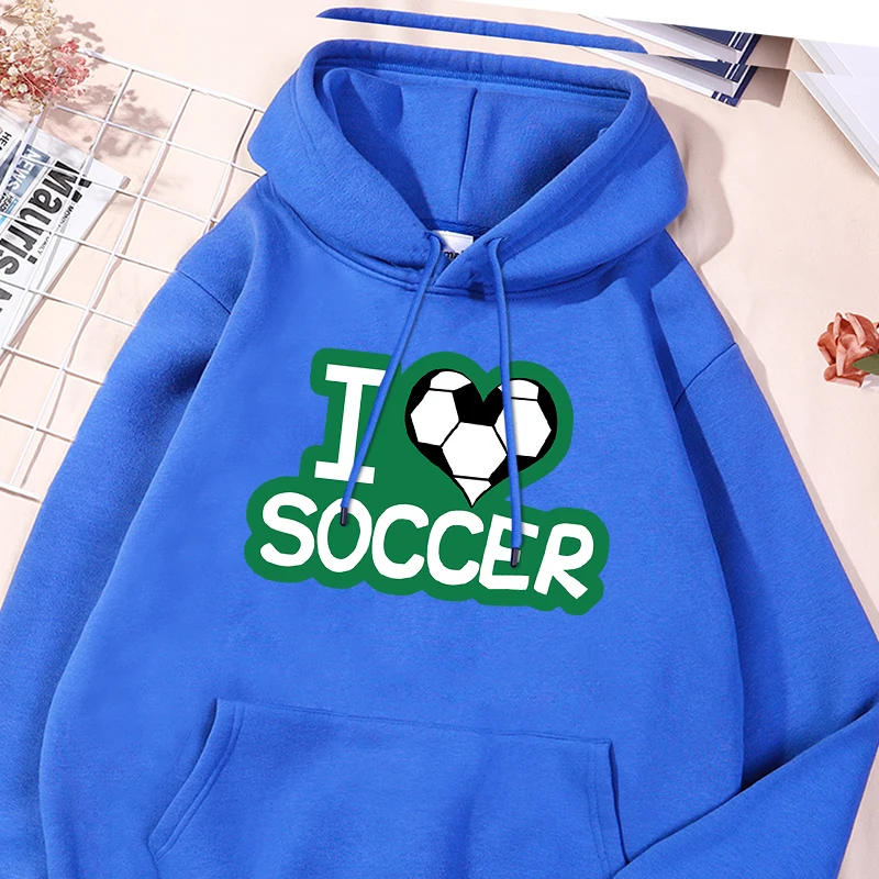 I Love Soccer Print Men'S Hooded Harajuku Drawstring Hoodies Fashion Fleece Warm Hoodie Autumn Casual Crew Neck Men Clothing