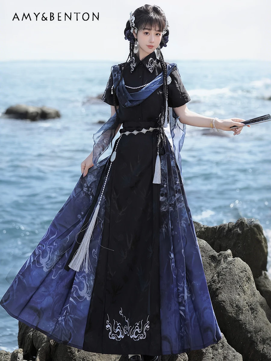 

Fairy Style Hanfu Chinese Style Set Retro Embroidery Floral Short Sleeve Shirt High Waist Mid-Length Pleated Skirt Two-Piece Set