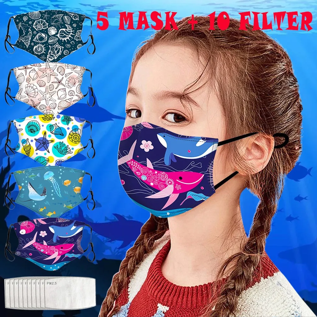 5Pc Masker + 10Pc Filter Kinderen Cartoon Zeevis Print Buiten Beschermend Herbruikbaar Masker Kindvriendelijk Ademend Comfort Masker