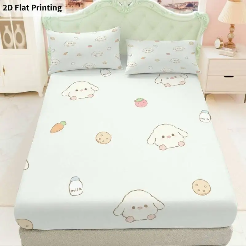 3Pcs Fluffydogpastelpattern Fitted Sheet Three Piece Set (1*Fitted Sheet + 2*Pillowcases, Coreless), Bedding Set