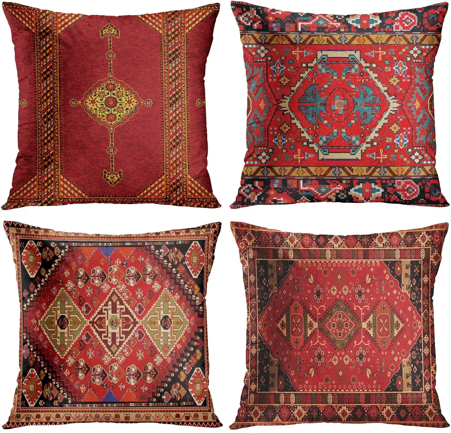 Moroccan Home Decor Set of 4 Oriental Ikat Pillow Cases Living Room Decorative 18 x 18 Inches Cushion Couch Sofa Pillowcases