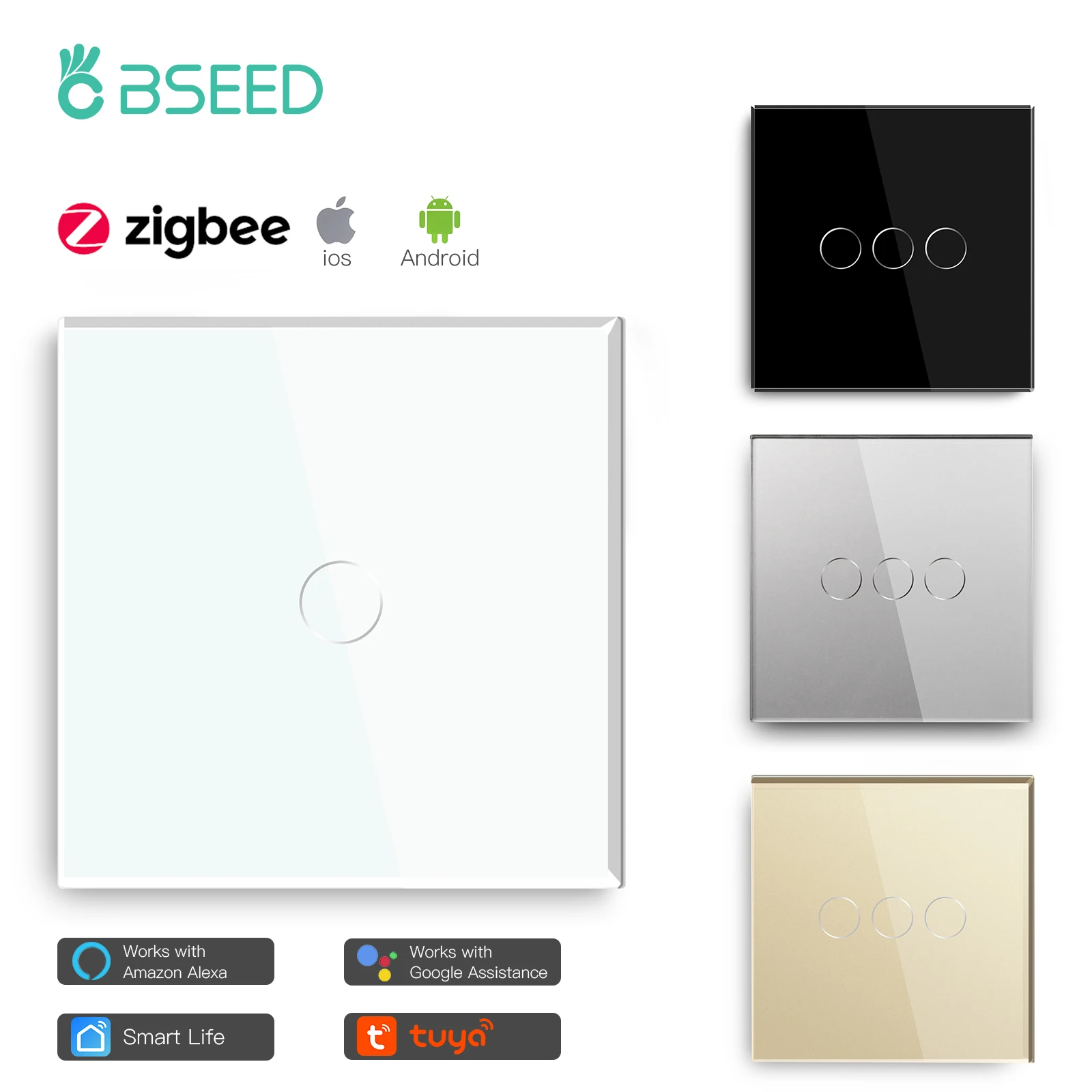 BSEED Zigbee 1/2/3 Gang 1 Way Smart Switch Single Live LED Buttons Glass Panel Work With Google Home EU Touch Switch Smart Life