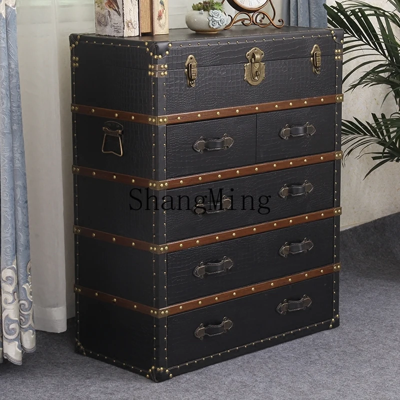 

HJ rural retro chest of drawers Mediterranean drawer storage side cabinet living room entrance storage painted chest of drawers