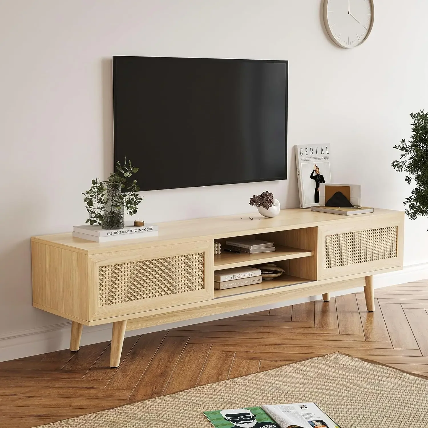 Soohow soporte de TV de ratán de 65 pulgadas con almacenamiento, soporte de TV medio moderno para sala de estar, consola multimedia Boho, centro de entretenimiento