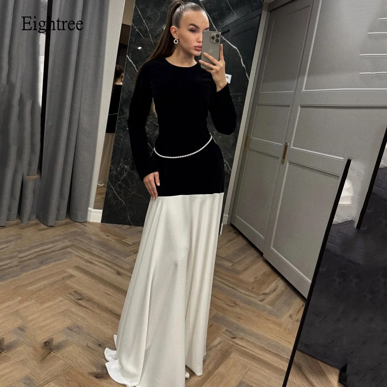 

Eightree Contrast Color O Neck A-line Prom Gowns Full Sleeves Formal Party Gown Floor Length Evening Dress فستان Customized