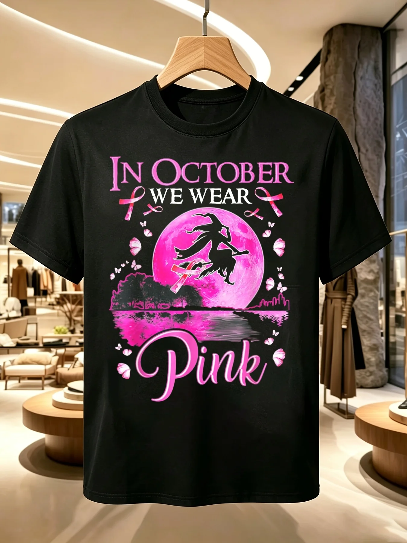In October, We Wear Pink Witch Breast Cancer Prevention Week Halloween T-shirts, The Same Summer Short-sleeved T-shirts for Men and Women 180G