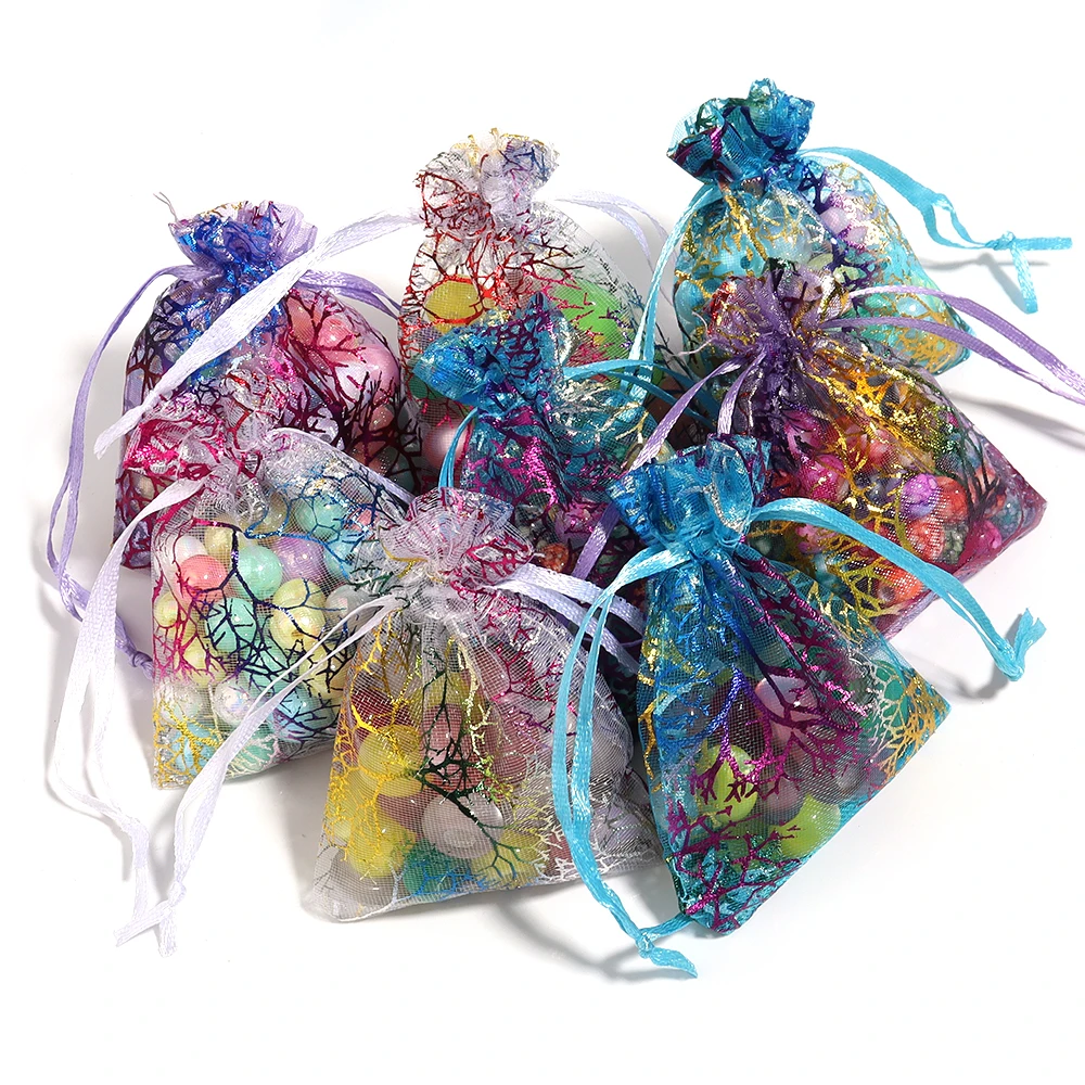 أكياس هدايا برباط من الأورجانزا ، طباعة ألوان الأشجار ، أكياس تعبئة الحلوى ، هدايا عيد الميلاد ، حقيبة تخزين ، 10 في الكثير من المجوهرات