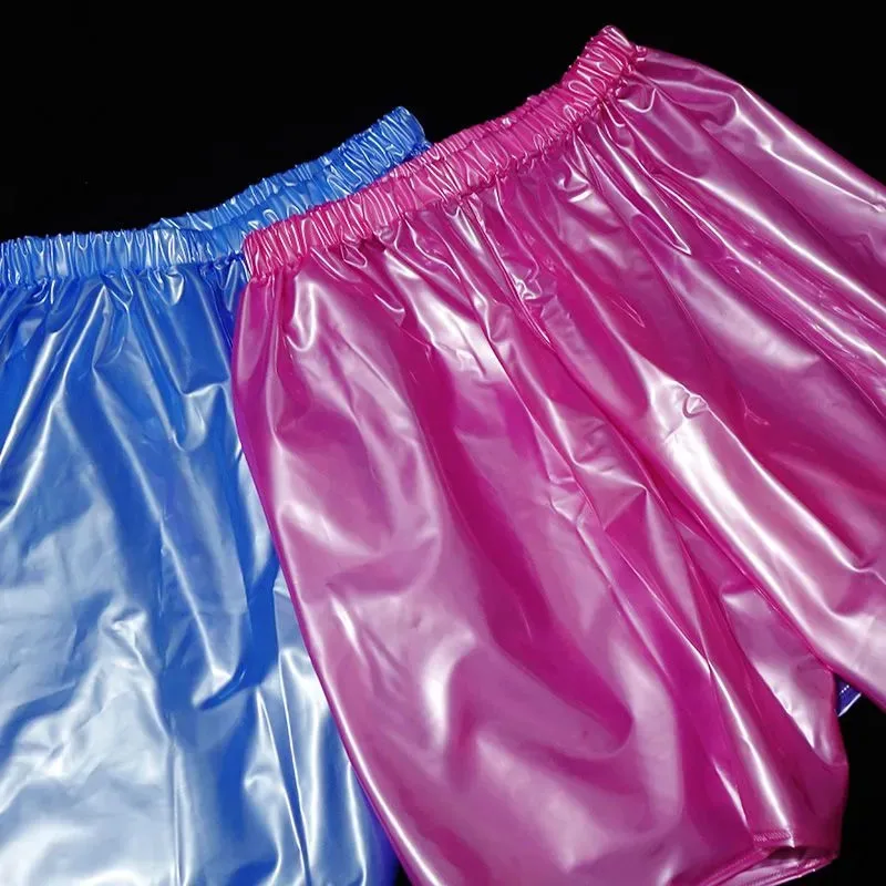 Men Pink Glossy PVC Plastic Shorts Ultra Soft Smooth Silent ABDL Pants Waterproof Loose Adult Baby Diaper Panties Club Party