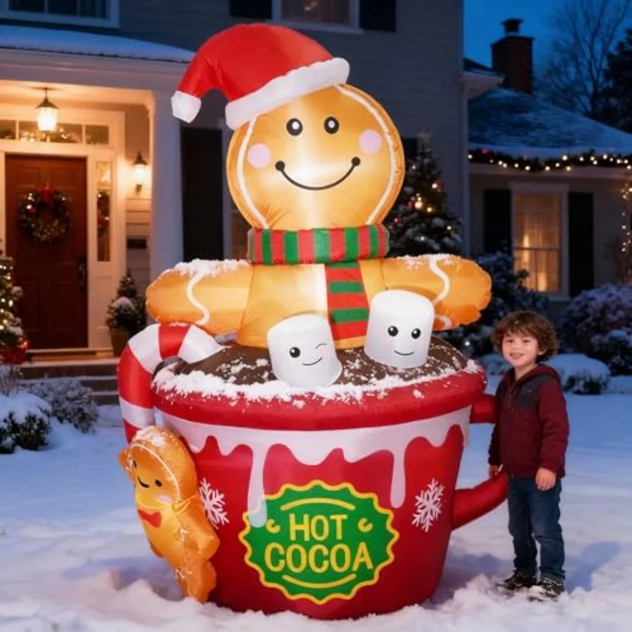 

6 FT Christmas Inflatables Outdoor Decorations, Cute Christmas Blow Up Yard Decorations Gingerbread Man in Hot Cocoa Mug Scene