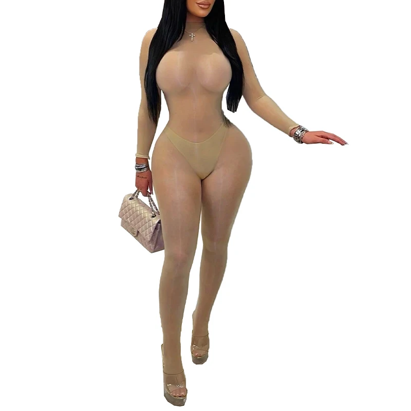 Combinaison moulante transparente à manches longues pour femme OMSJ, tenue de soirée sexy, combinaison de club de nuit attrayante