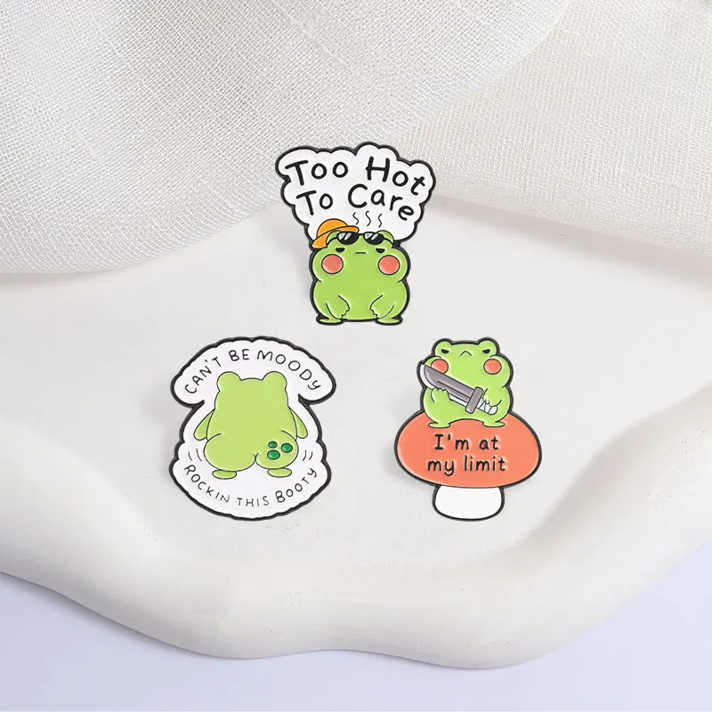 Summer Frog Holding Knife On Mushroom Enamel Pin Frog Sunglasses I'm At My Limit Mood   Brooch Bag Lapel Hat Badge Jewelry Gifts