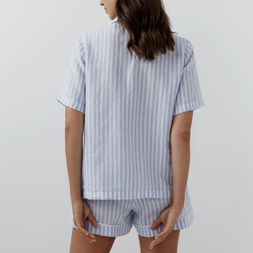 Hiloc Cotton Women Pajamas Shorts Suit Blue Striped Cardigan Button Top Loose Shorts Casual Soft Loungewear Sleepwear 2026 New
