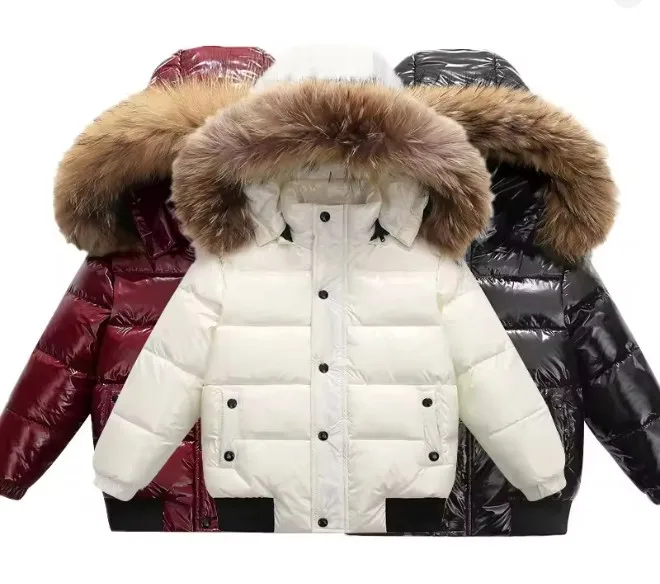 Children's Baby Girls Down Jacket Winter Thicken Warm Glossy Toddler Girls Down Coat Fur Hooded Waterproof No-rinse Outerwear