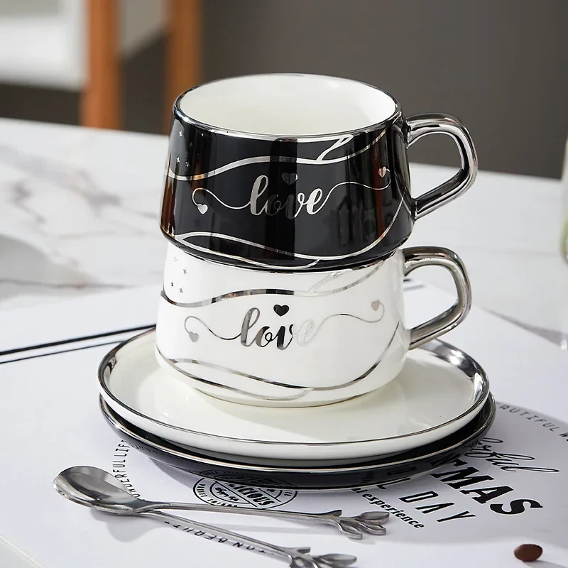 

Nordic ins style girls simple high-value ceramic coffee cup and saucer set medium and ancient silver afternoon tea couple cup