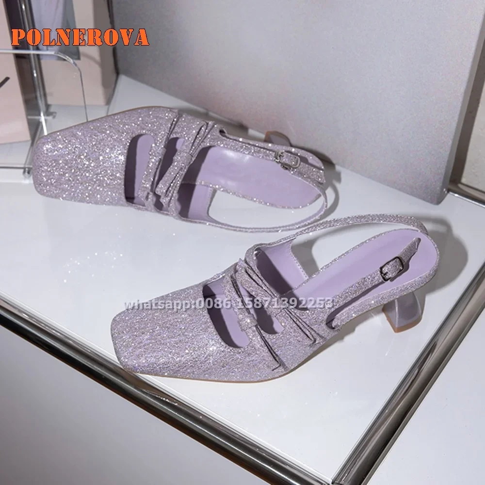 

Bow Strange Style Blingbling Purple Pumps 2024 Luxury Shoes Square Toe Shallow Buckle Strap Solid Sweet Mary Janes Elegant Dress
