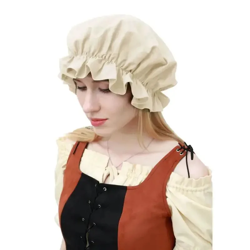 

qa156YI01 DAZCOS Medieval Linen Ruffle Bonnet Cap Elastic Historical Headdress with Folds Traditional Hat Renaissance Hood