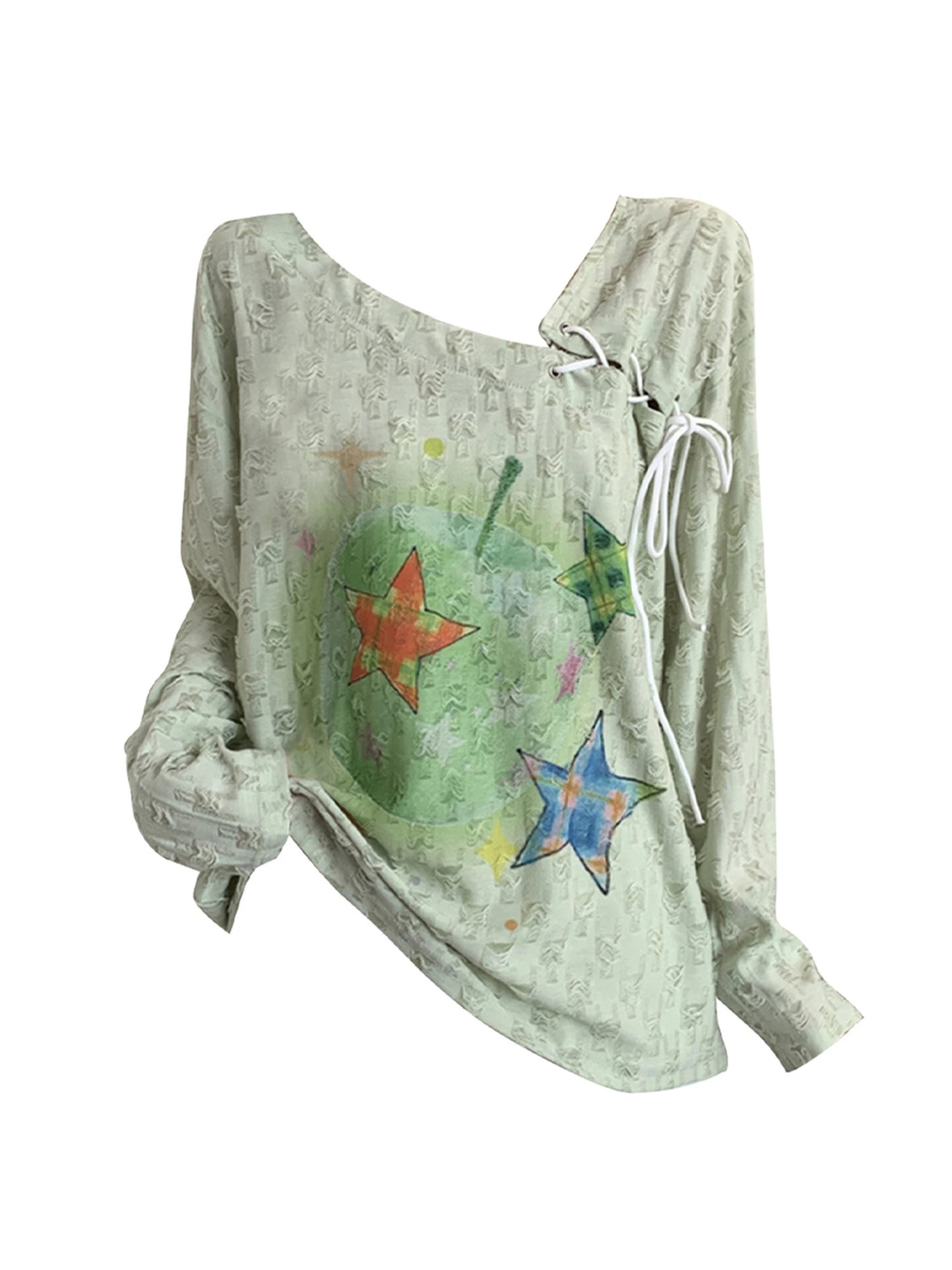 

Women's Green Y2k 2000s Ripped Star T-shirt Vintage Harajuku Aesthetic Gyaru V-Neck Tee Top Long Sleeve Lace-up T-shirts Clothes