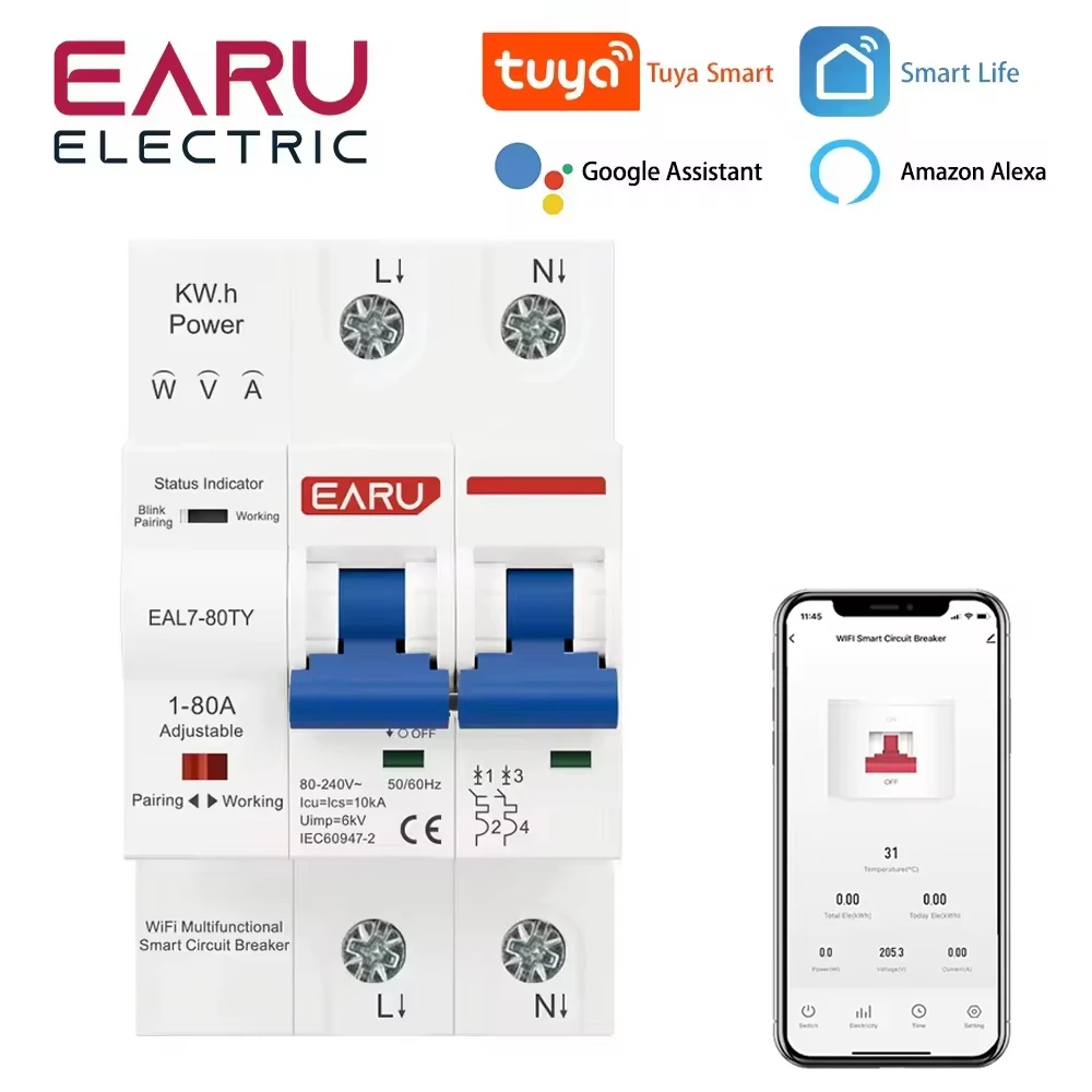 

AC230V 1-80A Adjustable TUYA WIFI MCB Smart Circuit Breaker Energy Meter kWh Over Current Under Voltage Short Circuit Protection