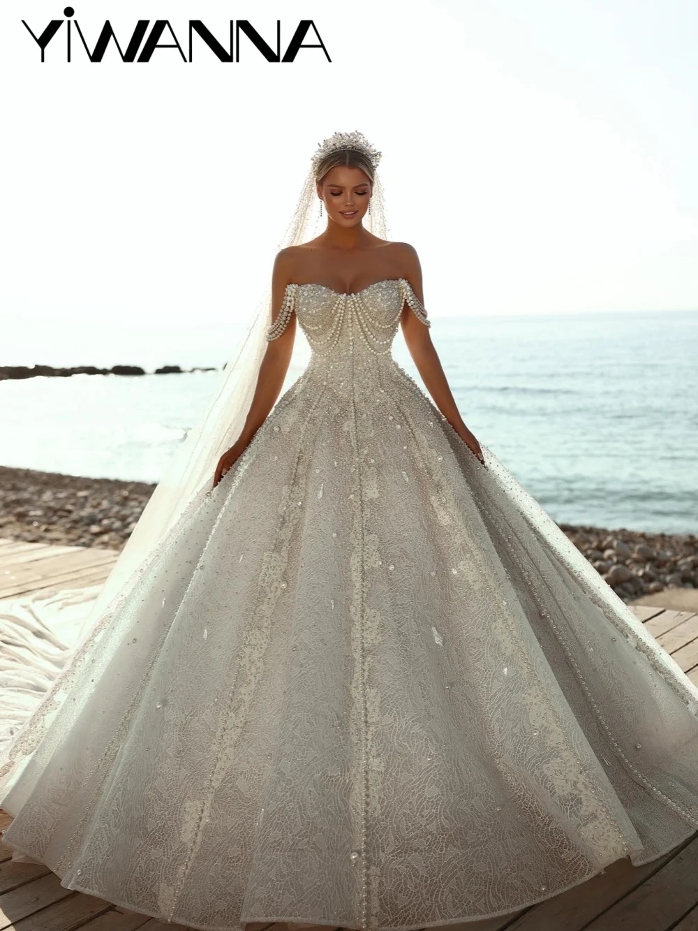 

Sparkling Pearls Lace Ball Gown Wedding Dress Exquisite Off Shoulder Long Bridal Gown New Customized Princess Dresses For Bride