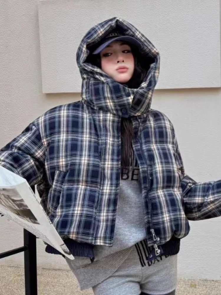 2025New Plaid Down Jacket Women Winter High Quality Hooded Short Duck Puffer Coat Fashion Casual Thicken Warm Bread Suit Outwear