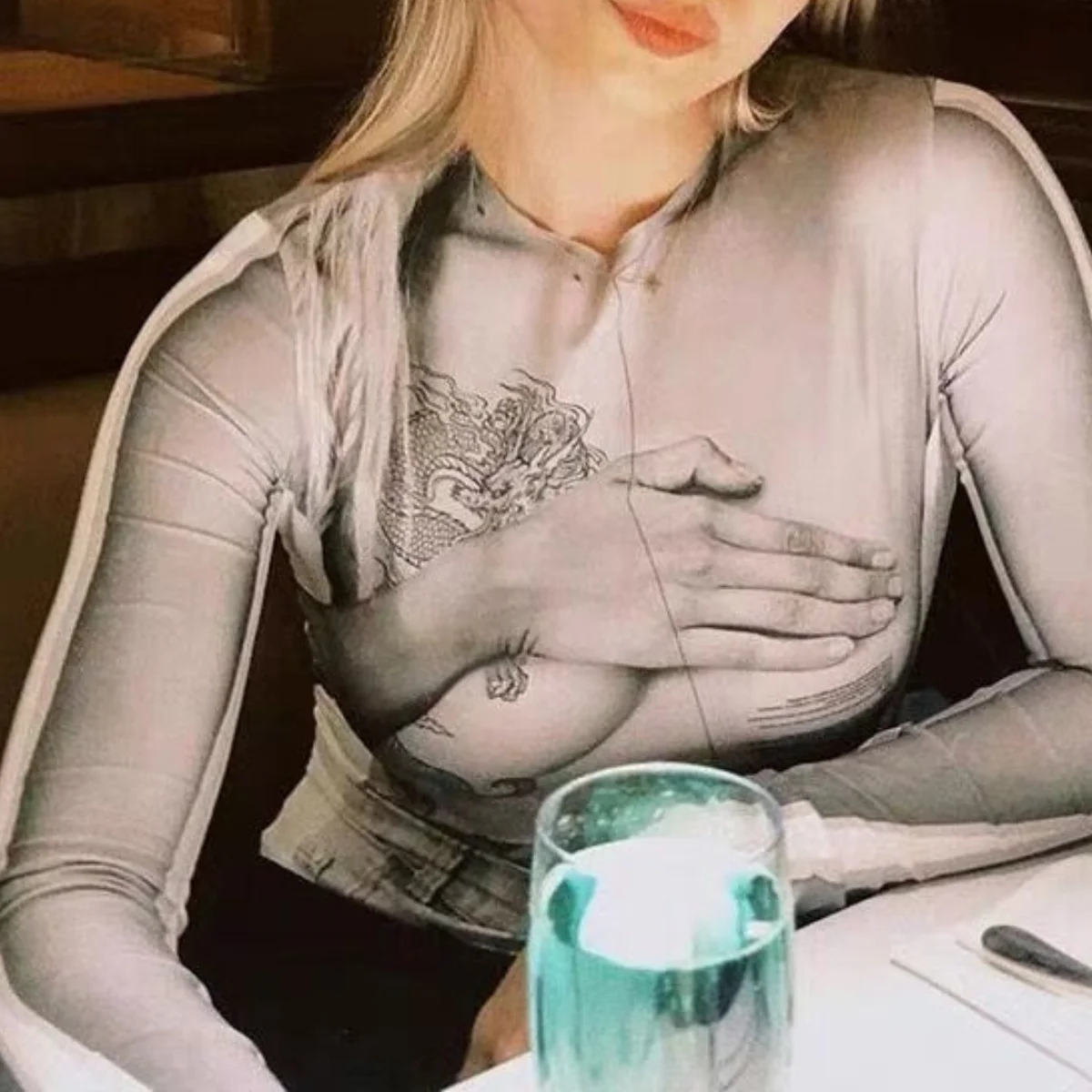 Fashion Pattern Print Bodysuit Female Street Style Jumpsuit Women Sexy See Through Mesh Slim Long Sleeve Clubwear Y2k Shaper Top