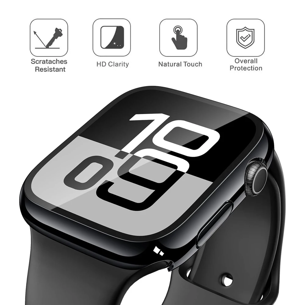 Displayschutzfolie für Apple Watch Gehäuse Serie 12 11 10 9 SE 8 7 6 46mm 42mm 45mm 44mm 40 41 PC-Stoßfänger + gehärtetes Glas iWatch-Hülle – Detail 6