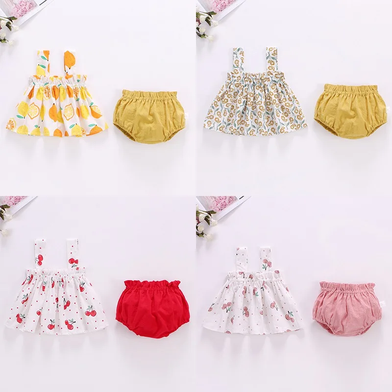 Summer Cotton Newborn Baby's Sets for Girls Cartoon Floral Print Sleeveless Dress Two-piece Sets Baby Clothing 0-2Years Old