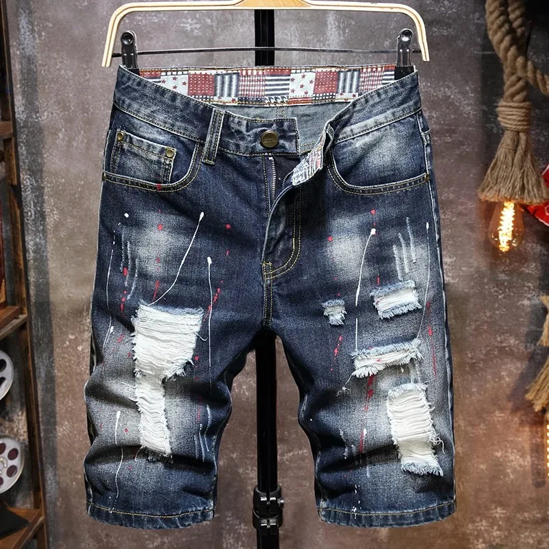 Vintage Short Jeans Men 2024 Summer New Ripped Hip Hop Graffiti Male Denim Shorts Streetwear Hole Knee Length Pants