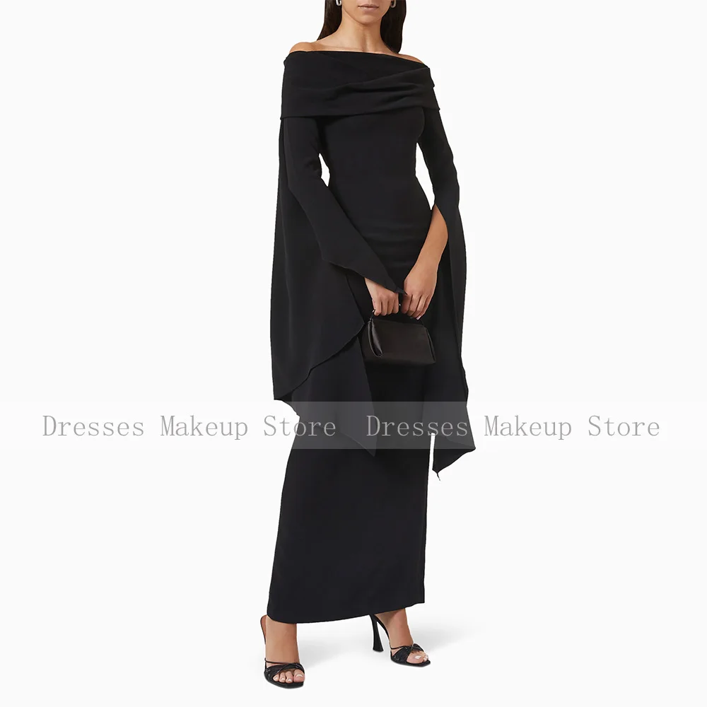 Black Wedding Guest Gowns for Women Off the Shoulder Column Formal Party Dresses Maxi Long Sleeves Elegant Evening Dress 2024