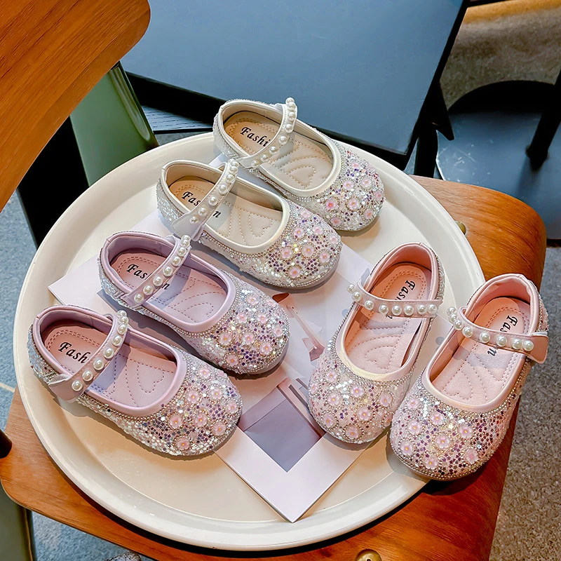 Unishuni Girls Bling Crystal Princess Flats Kids Floral Party Dance Shoes Child Soft Mary Janes Baby Girls Pearl Casual Shoes