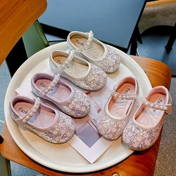 Unishuni Girls Bling Crystal Princess Flats Kids Floral Party Dance Shoes Child Soft Mary Janes Baby Girls Pearl Casual Shoes