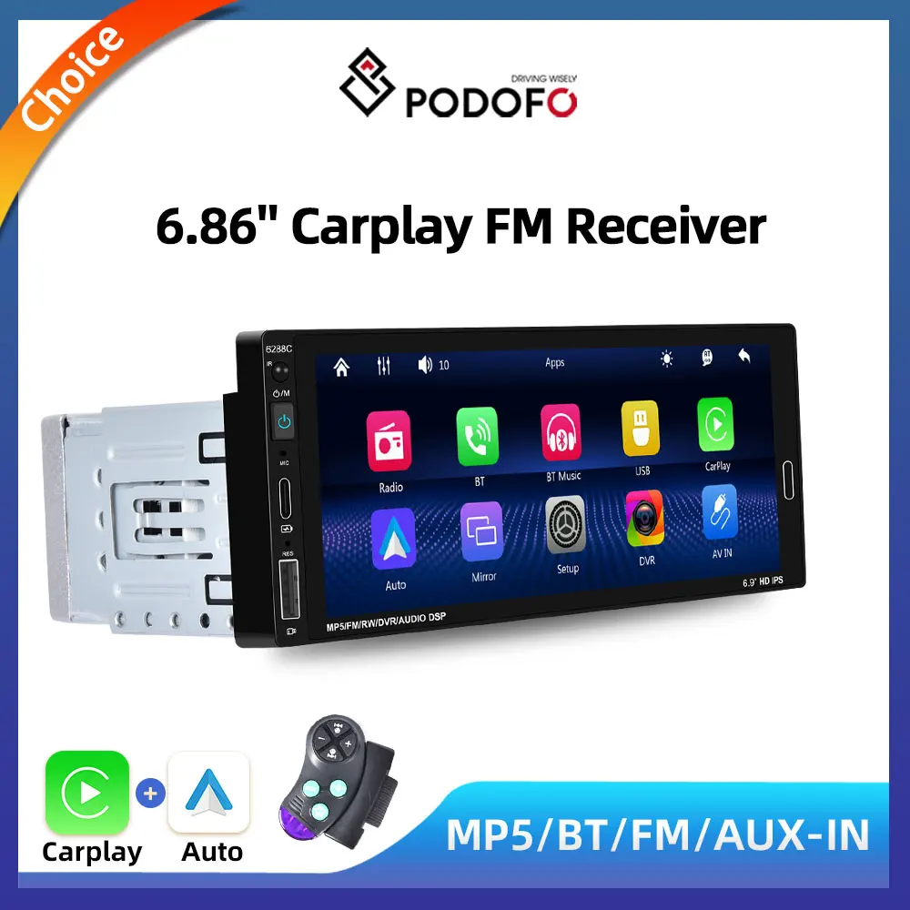 

Podofo 1 Din 6.86 Inch Car Radio Wireless CarPlay/Android Auto BT Handsfree FM Radio Receiver USB IPS Screen MP5 Player